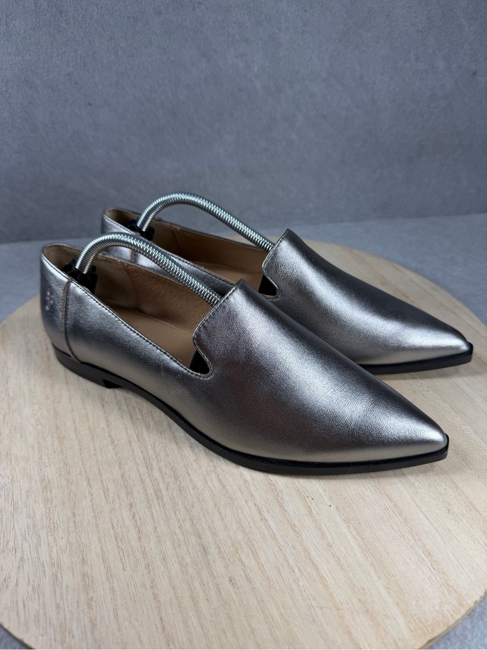 Frye Metallic Silver Pointed Slip-On Loafers